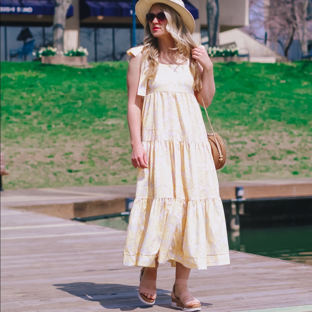Maxi yellow summer dress with self-tie straps. 100% cotton. Size Small.